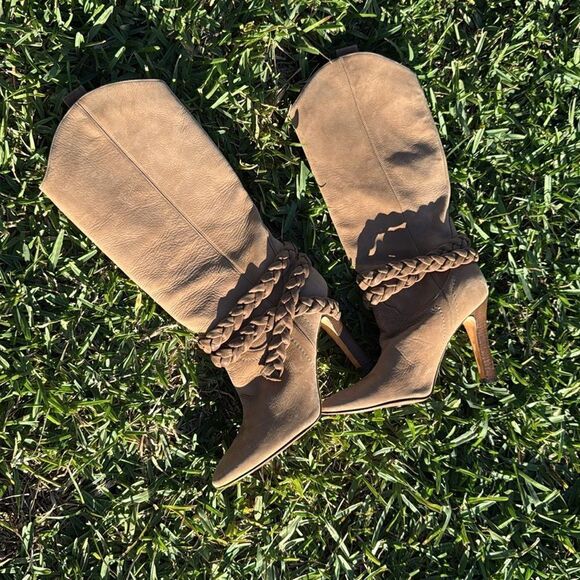 Manolo Blahnik Shoes - Tan Heeled Boots - Long Boots - Braided - Like New - Manolo Blahnik